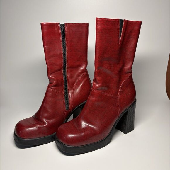 No Boundaries Shoes - Vtg No Boundaries 00’s Y2K Red Boots 8.5 Square Toe Chunky Heel Retro Brat